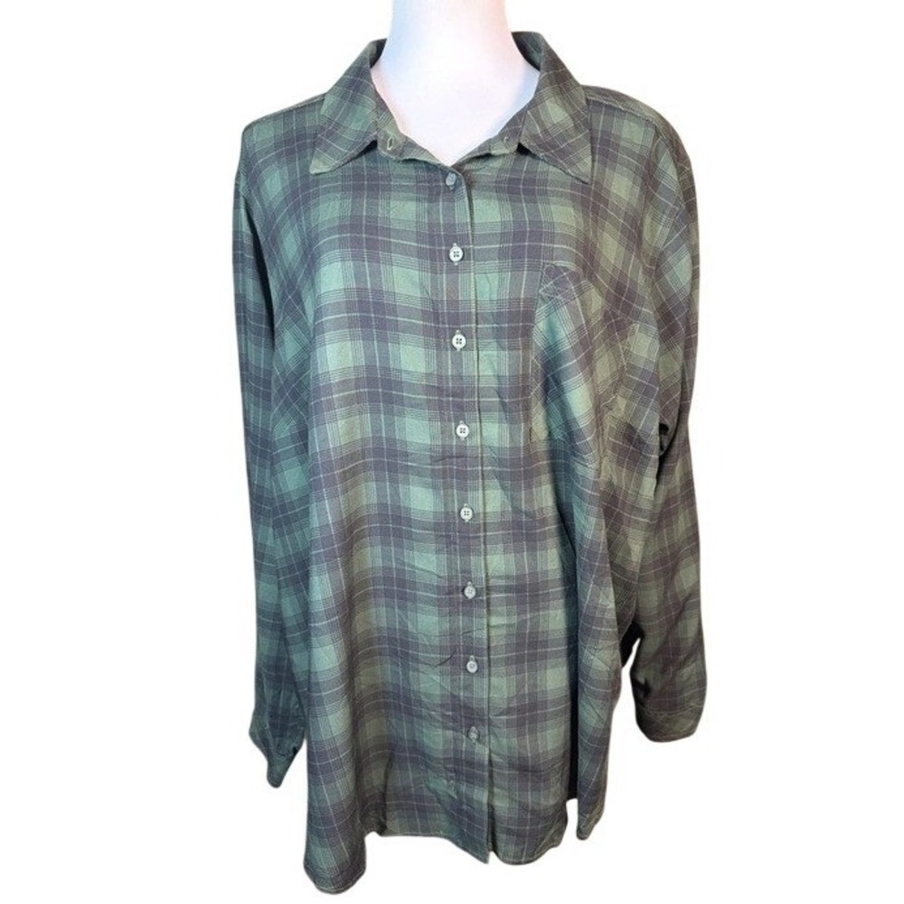 Torrid Lizzie Washable Challis Plaid Button Up Shirt Green Black 4X 42635188